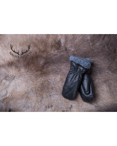 Black leather mittens for children, 50% merino wool