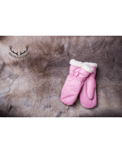 Pink leather mittens for children, 50% merino wool