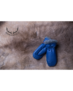 Blue leather mittens for children, 50% merino wool