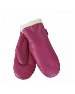 Fuchsia leather mittens for women, 50% merino wool