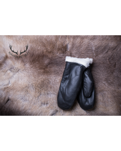 Black leather mittens for women, 50% merino wool