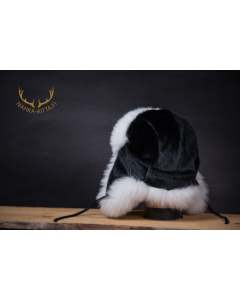 Shadow fox fur cap with a black sealskin crown