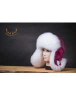 Shadow fox fur cap with a pink sealskin crown